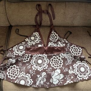 Vintage Y2K 90s Charlotte Russe V-Neck Halter Top Small  Brown White Cottagecore